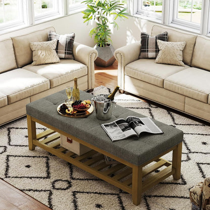 Large Rectangular Upholstered Ottoman Bench, Linen Tufted Footrest Ottoman with Solid Wood Shelf