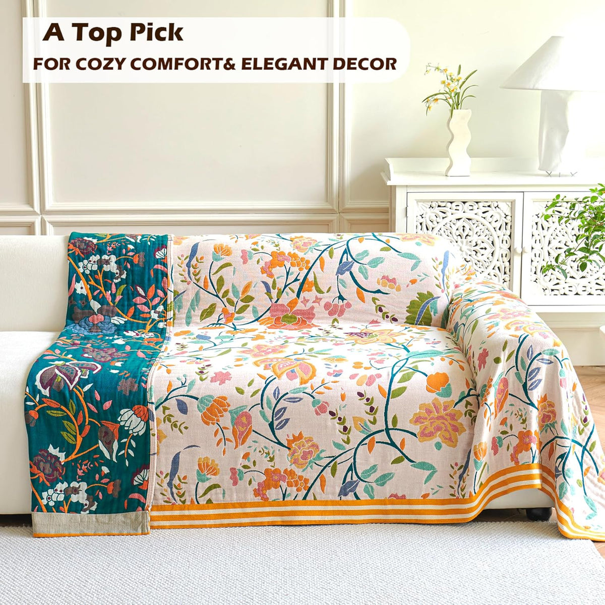 Boho Throw Blanket, 100% Organic Cotton Breathable Ultra Soft 91" x 98" Bed Quilt Throw - All