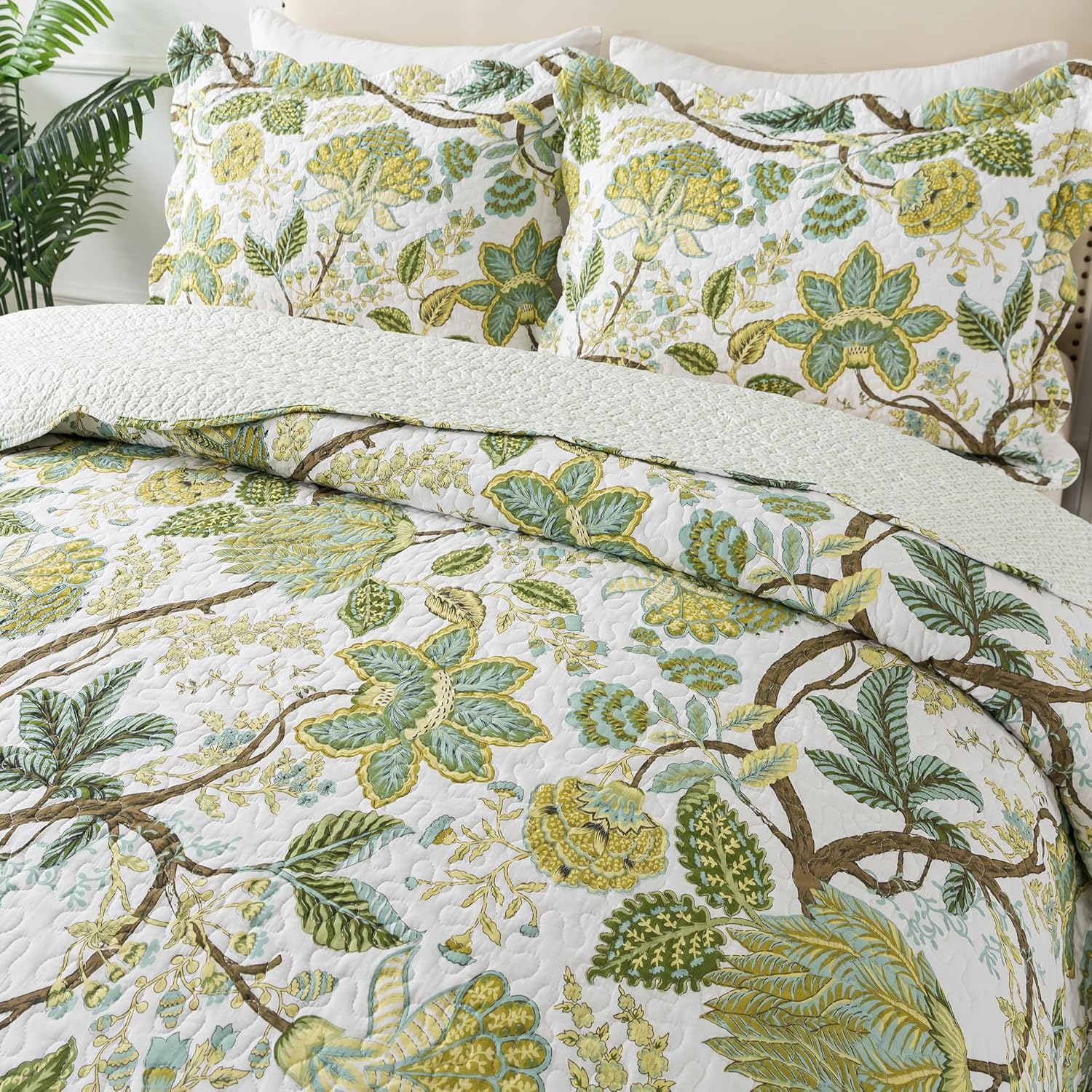 NEWLAKE Cotton Bedspread Quilt Sets - Reversible Patchwork Coverlet Set, Floral Vine Pattern, King