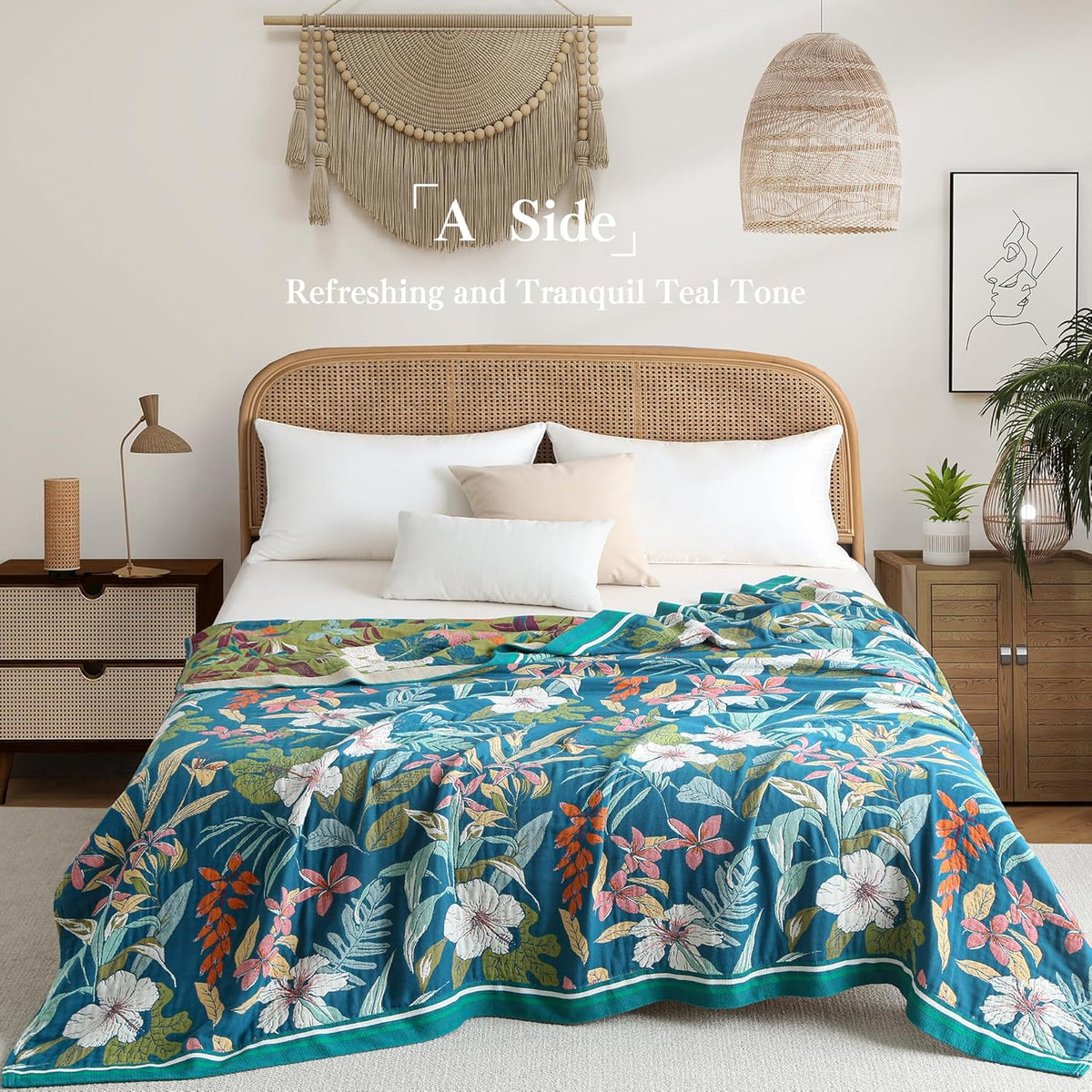 Boho Throw Blanket Twin Size, Soft Cozy Cotton Muslin Quilt Blanket for Bed Decor, Floral Patterned