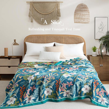Boho Throw Blanket Twin Size, Soft Cozy Cotton Muslin Quilt Blanket for Bed Decor, Floral Patterned