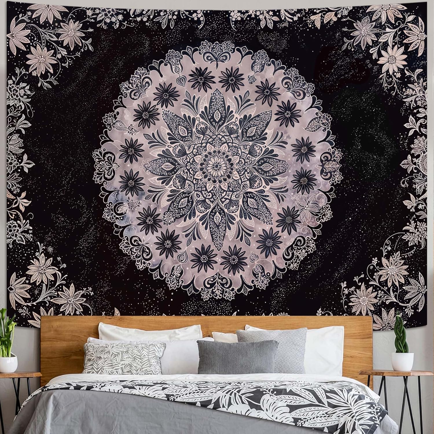Fowocu Boho Floral Mandala Tapestry Wall Hanging Grey Bohemian Flower Medallion Tapestry Aesthetic