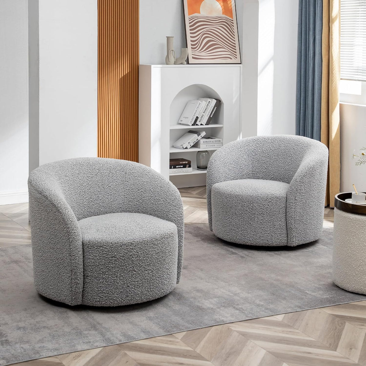 KINWELL 34" W Swivel Barrel Chair Set of 2, Mid Century Modern Round Upholstered Boucle Swivel