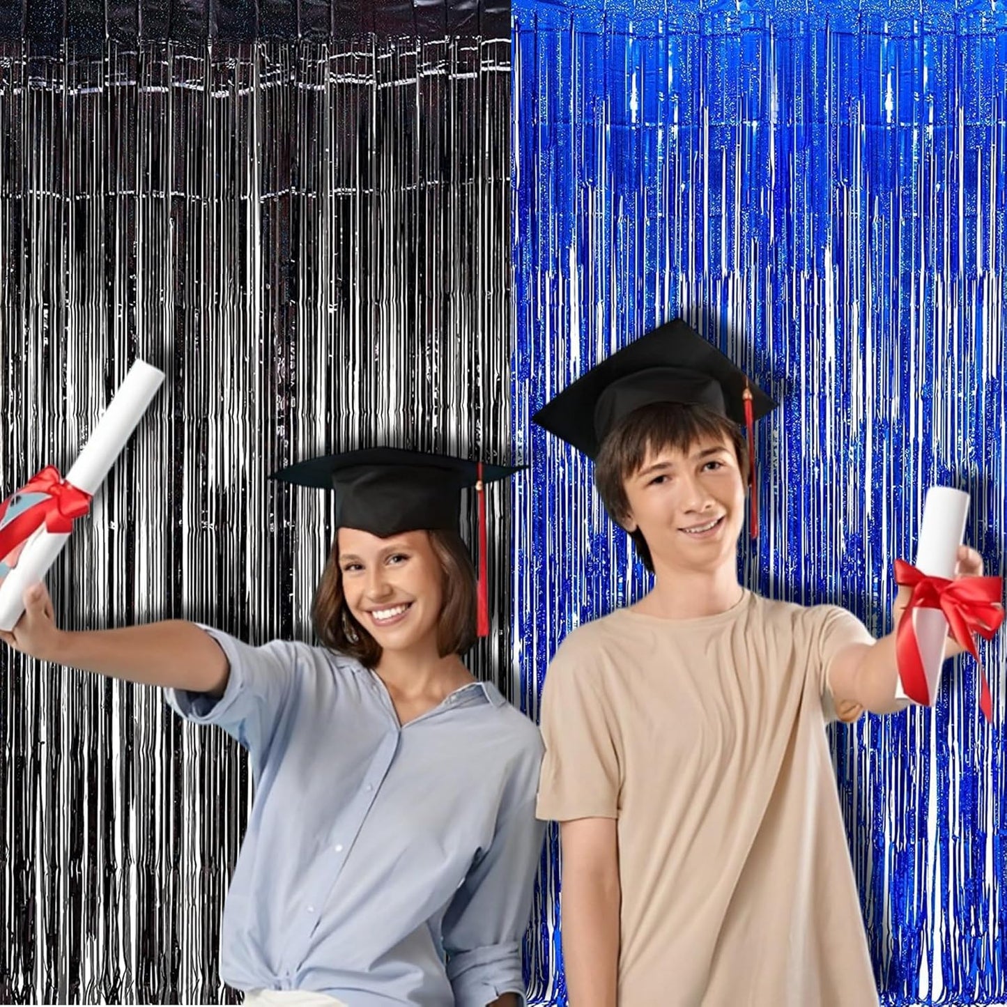 Foil Fringe Curtain Party Decorations - Black Blue Metallic Tinsel Photo Booth Backdrop Party