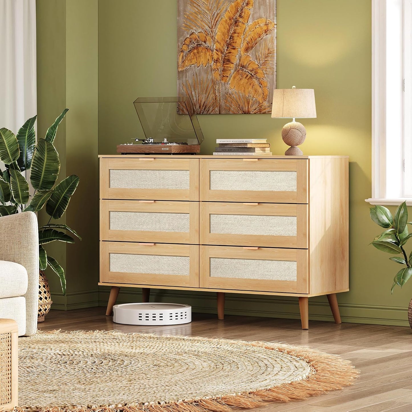 WLIVE Rattan Dresser for Bedroom, 6 Drawer 47.24'' Wide Boho Wood Dresser, Chest of Drawers, Gold