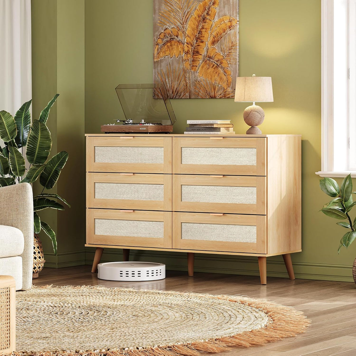 WLIVE Rattan Dresser for Bedroom, 6 Drawer 47.24'' Wide Boho Wood Dresser, Chest of Drawers, Gold