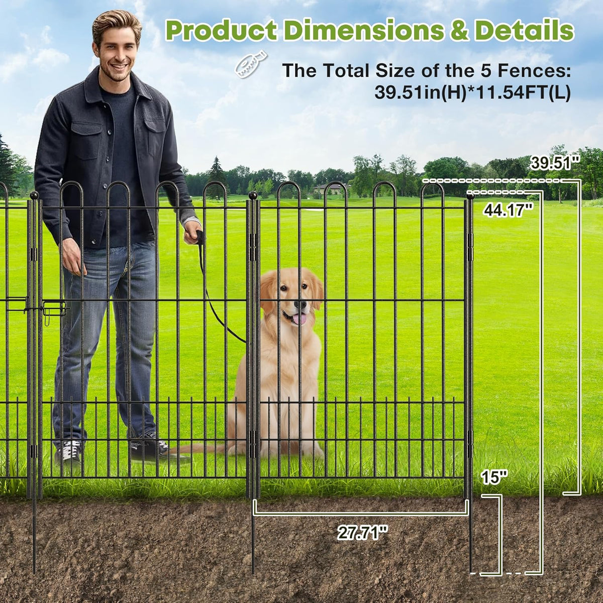 5 Panels Decorative Garden Fence with U-Shape and Latch Gate, 39.51in (H) X 11.54ft (L) Dog Fence