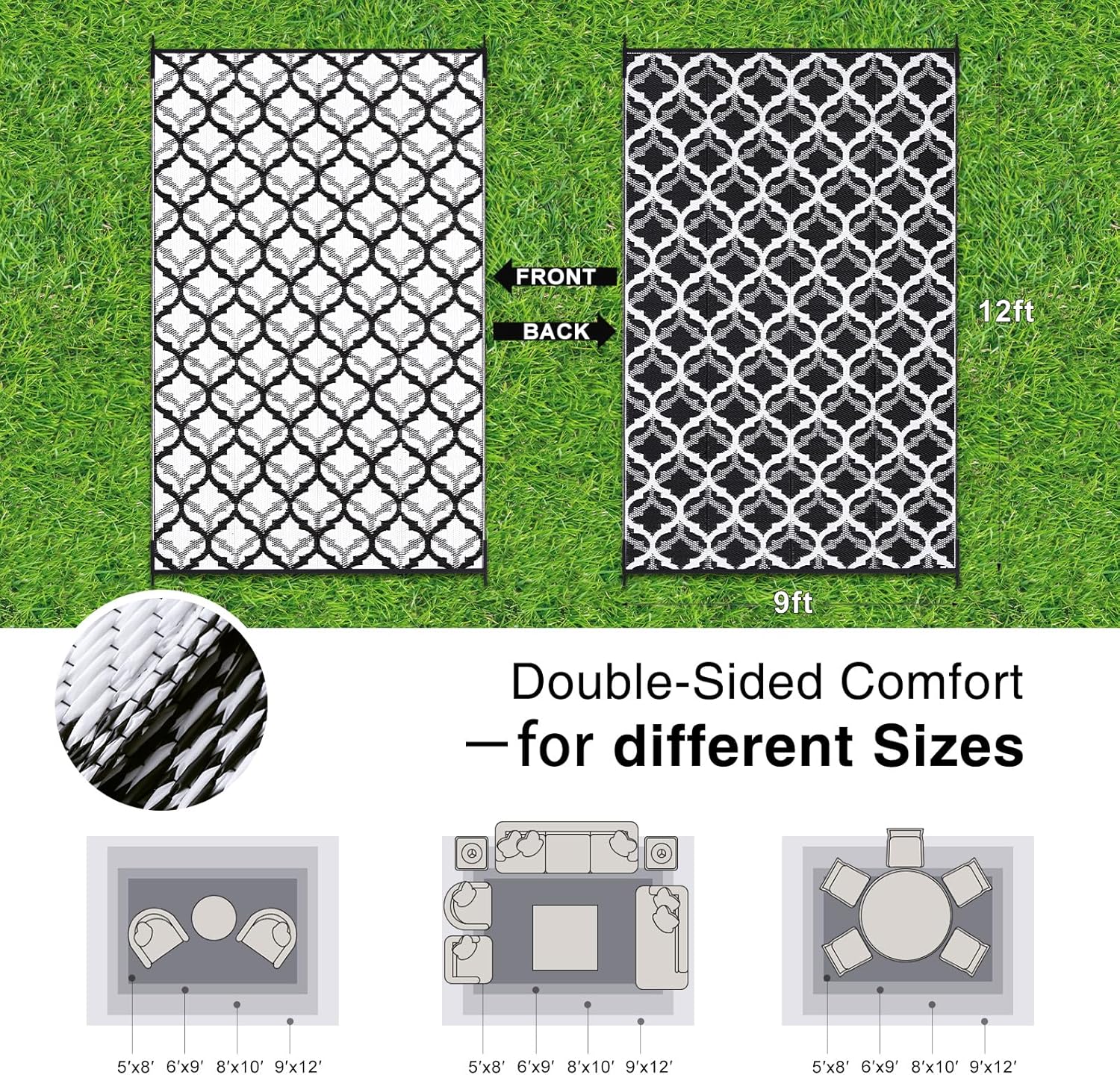 OLANLY Reversible Outdoor Rug 9x12 ft Clearance, Waterproof Outdoor Plastic Straw Rug with