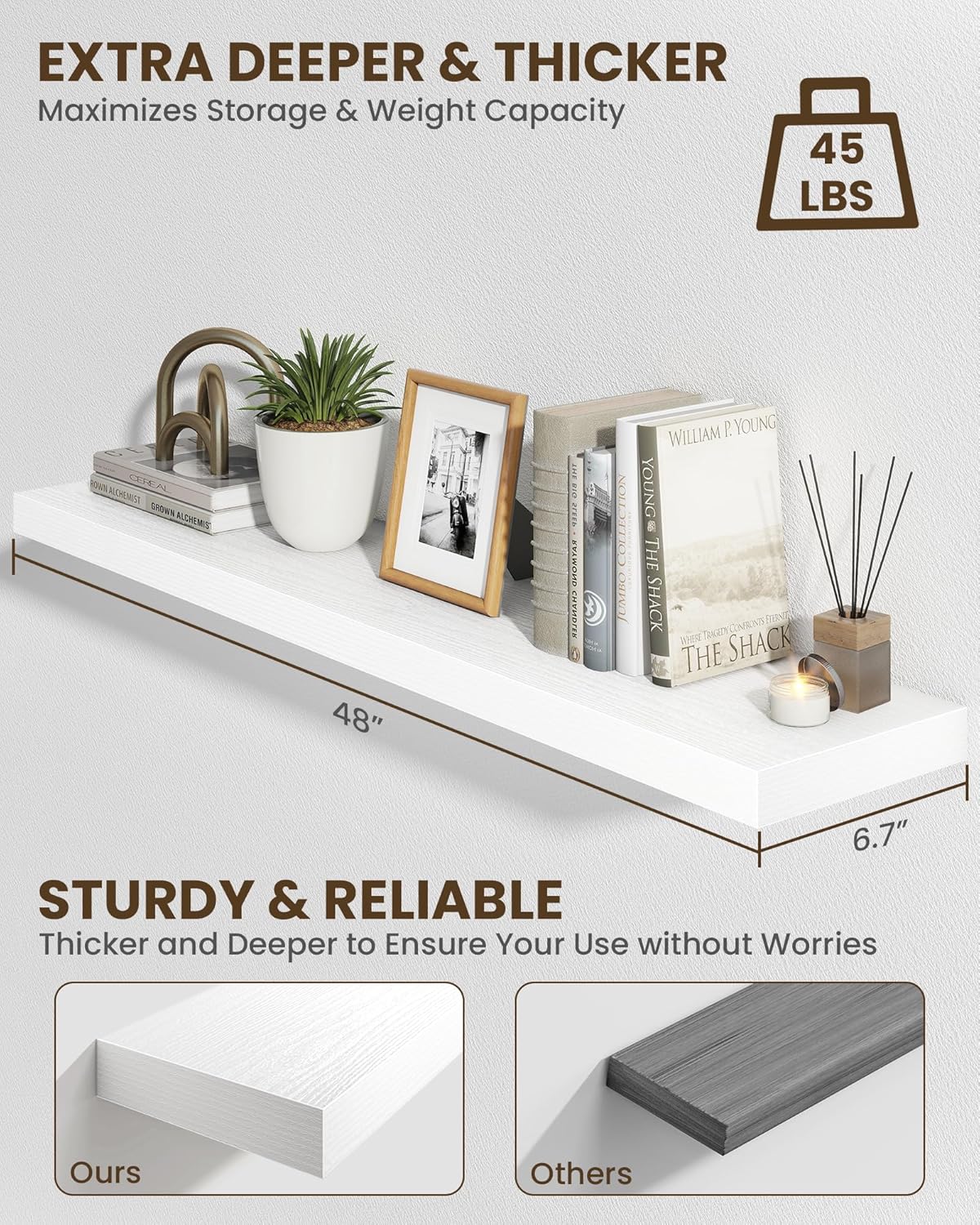 Marsmiles 48" Floating Shelves for Wall, Wooden Shelves with Invisible Brackets Set of 2, Rustic