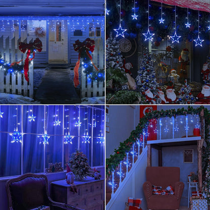 126L Blue White Christmas Star Icicle Lights, 8.2FT Clear Curtain Fairy String with Connectable