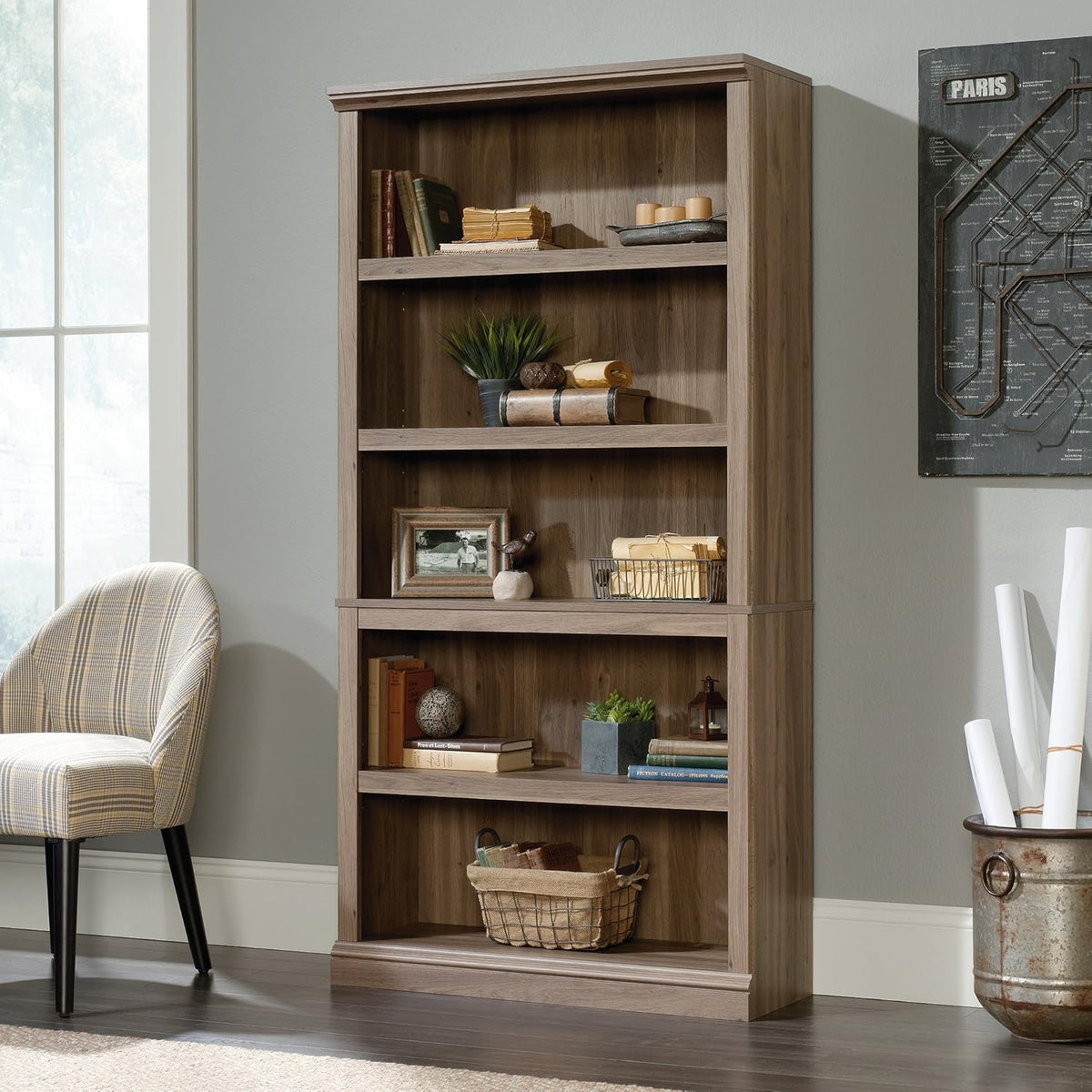 Sauder 5 Tier Book Shelf Wooden Bookcase Multipurpose Bookshelf for Home Office, Living Room, in