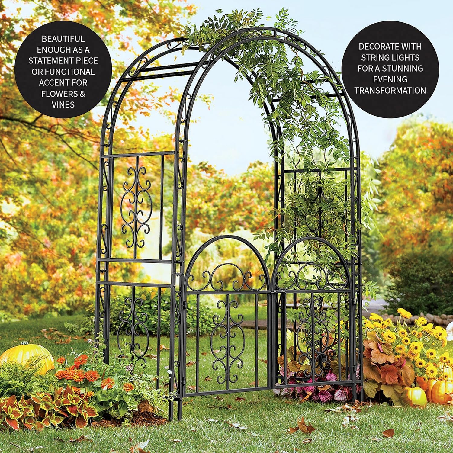 Plow & Hearth Arch Metal Outdoor Garden Arbor Double Gate | Montebello | 7 Feet Tall | Gunmetal