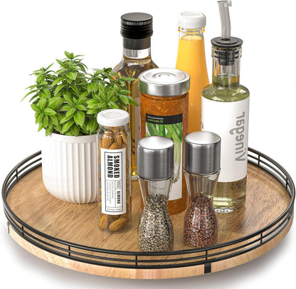 13" Lazy Susan Oak Wood Turntable Organizer for Cabinet, Farmhouse Round Wooden Lazy Susan