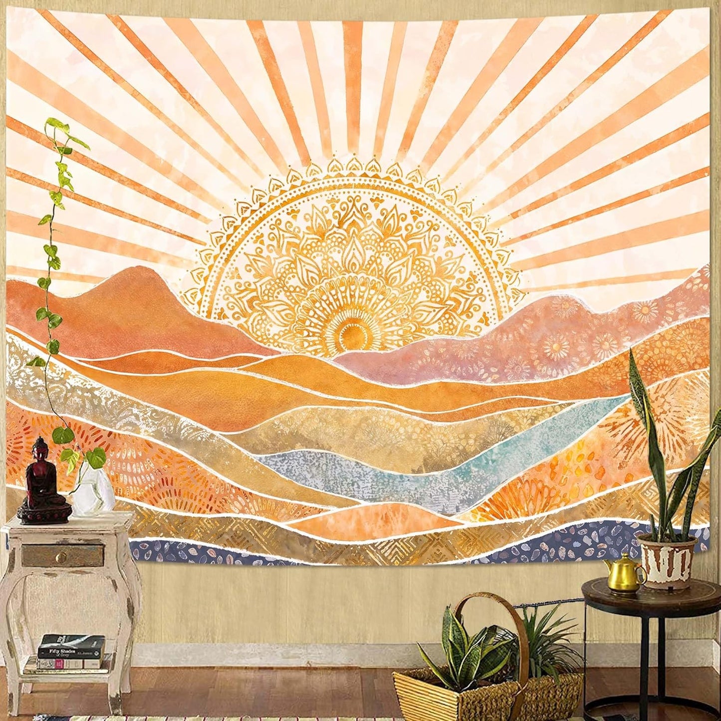 Lunerfex Bohemian Mandala Sunrise Wall Tapestry, Abstract Mountain Scenery Tapestries for Home
