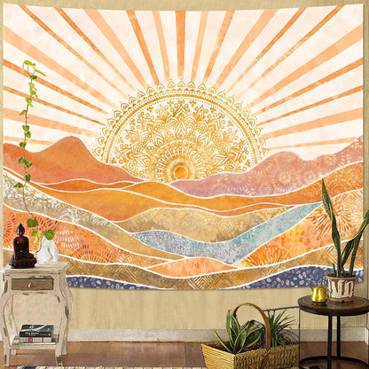 Lunerfex Bohemian Mandala Sunrise Wall Tapestry, Abstract Mountain Scenery Tapestries for Home