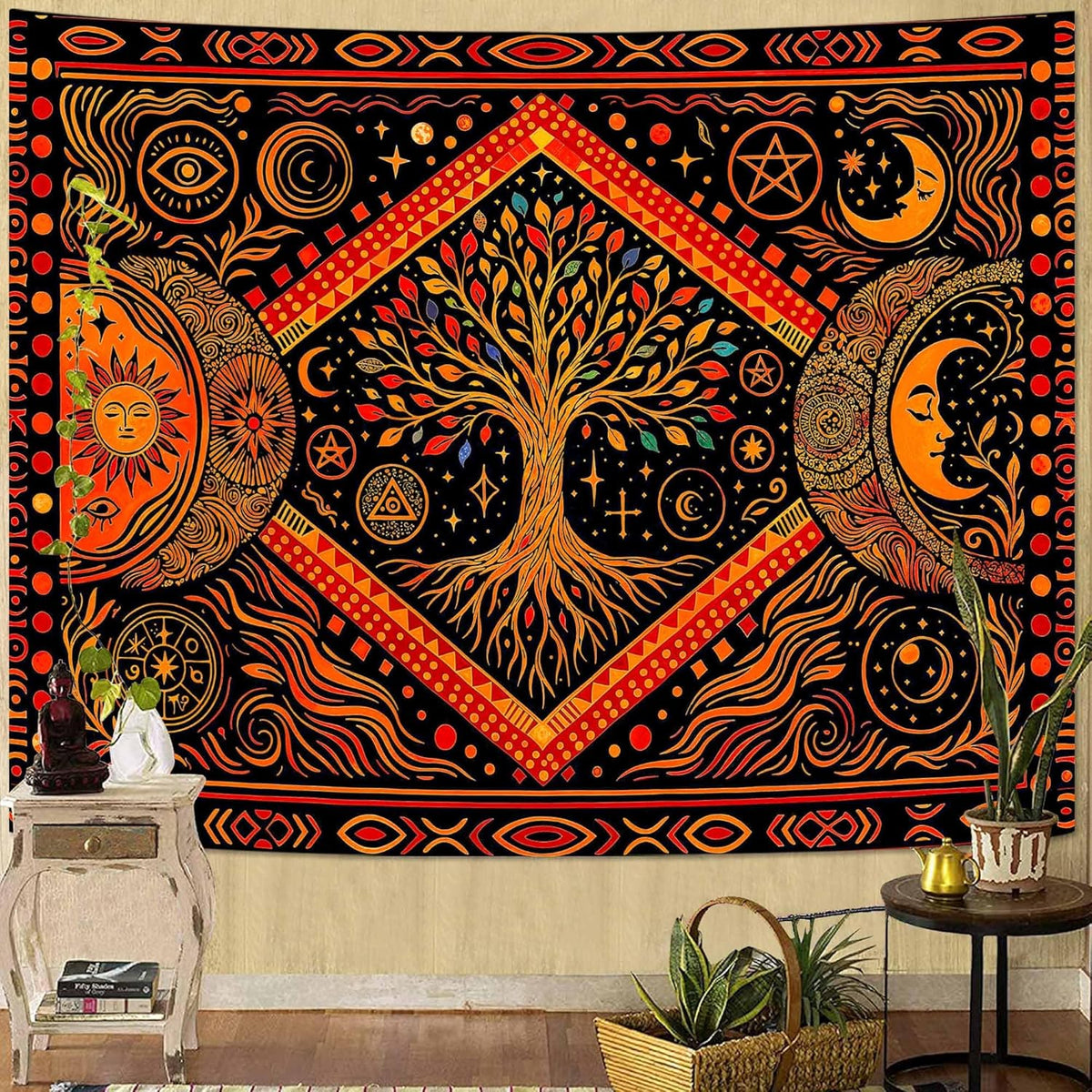 Lunerfex Tree of Life Sun Moon Stars Wall Tapestry, Cosmic Harmony Symbol Tapestries for Home