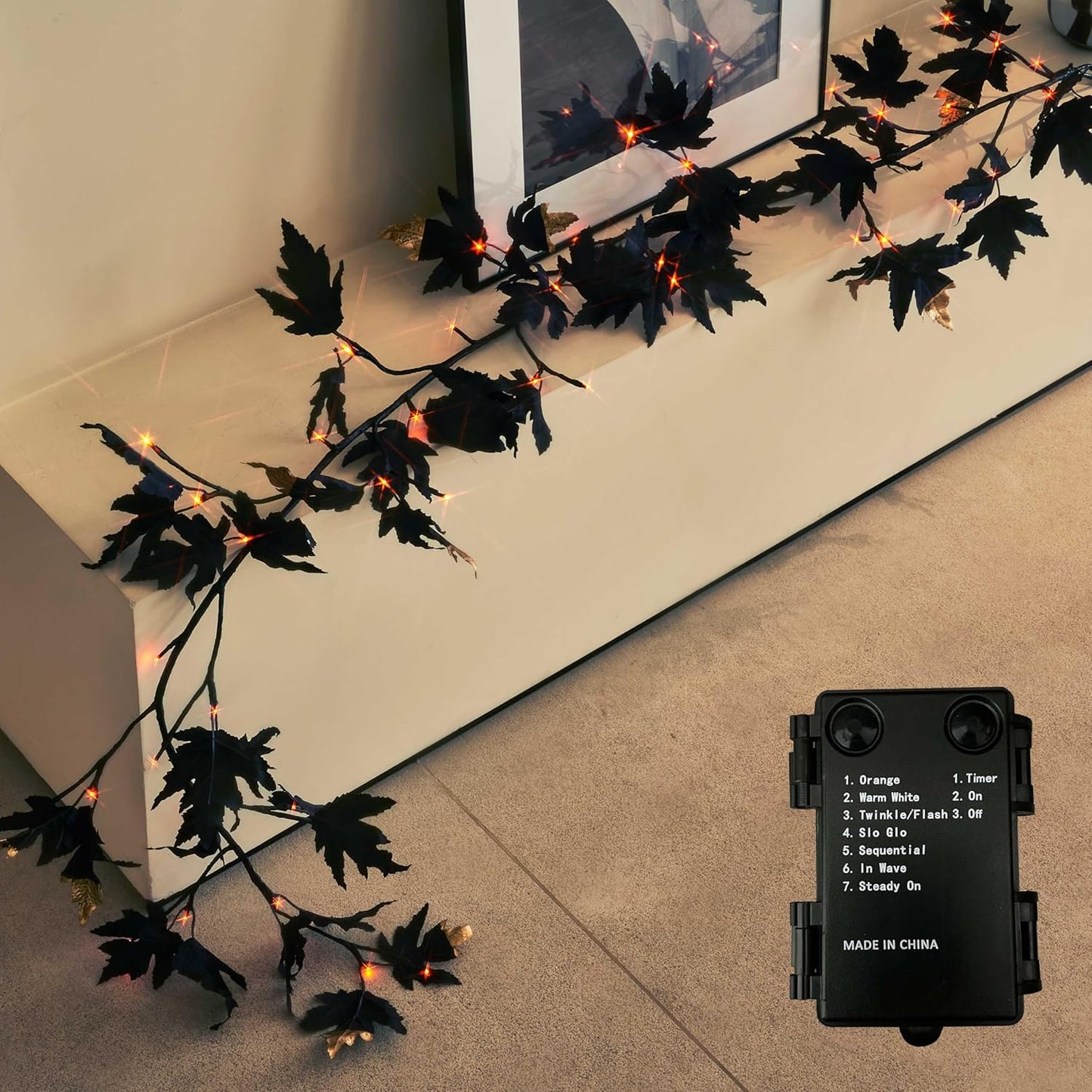 Birchlitland Halloween Black Maple Garland with Lights Timer 48 LED Orange and Warm White Fairy