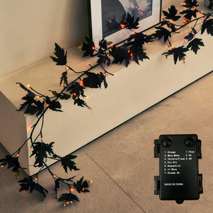Birchlitland Halloween Black Maple Garland with Lights Timer 48 LED Orange and Warm White Fairy