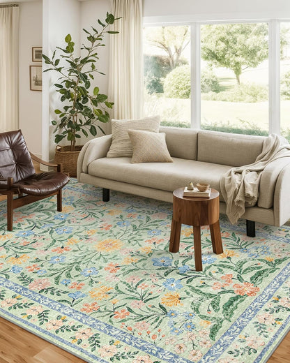 Wonnitar Machine Washable 5x7 Area Rug, Boho Floral Rugs for Living Room Non-Slip, Soft Pink and