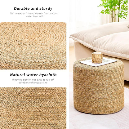 Handwoven Ottoman Pouf, Natural Seagrass Footstool, Round Braided Outdoor Seat with Sturdy Frame