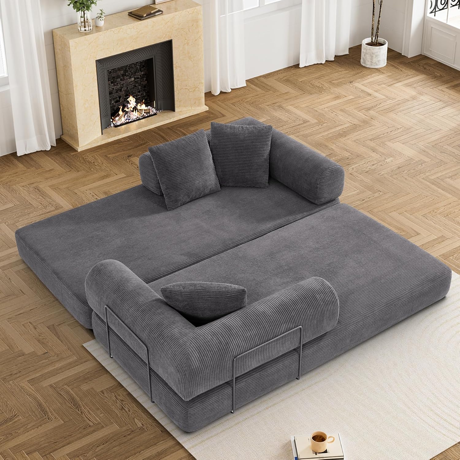 Convertible Sleeper Sofa Bed with Pillow, 4-in-1 Corduroy Folding Mattress Couch with Fixed-Shape