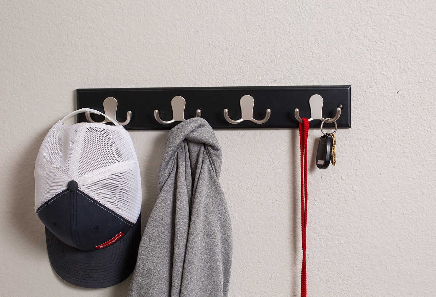 BIRDROCK HOME Dual Hook Coat Rack | 4 Dual Hooks | Wall Mounted Hat Key Rack Rail | Satin Nickel