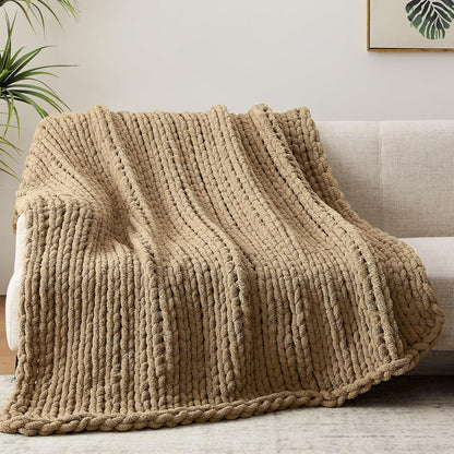 Chunky Knit Throw Blanket, 30''*40'' Knitted Throw Chenille Yarn for Bed Couch, Handmade Light