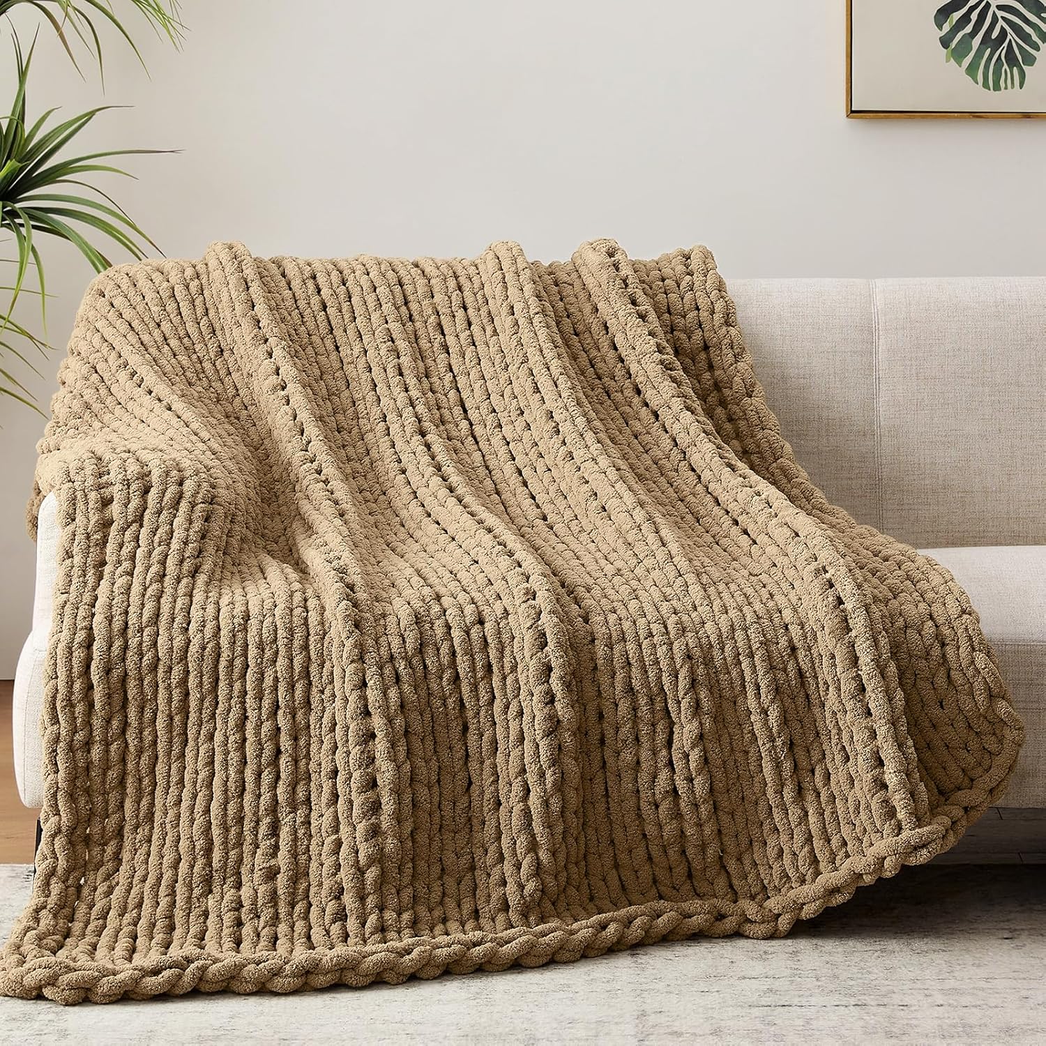 Chunky Knit Throw Blanket, 40''*50'' Knitted Throw Chenille Yarn for Bed Couch, Handmade Light