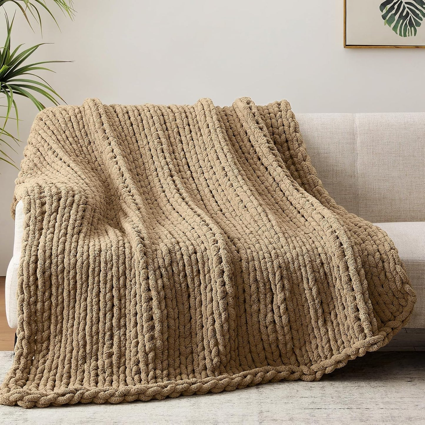 Chunky Knit Throw Blanket, 60''*80'' Knitted Throw Chenille Yarn for Bed Couch, Handmade Light