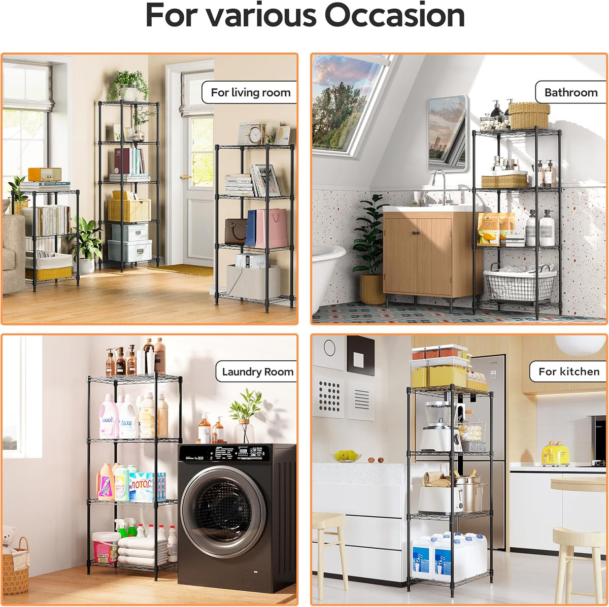 4 Tiers Shelf Metal Storage Shelves Wire Rack Closet Organizers with Wheel for Garage Kitchen