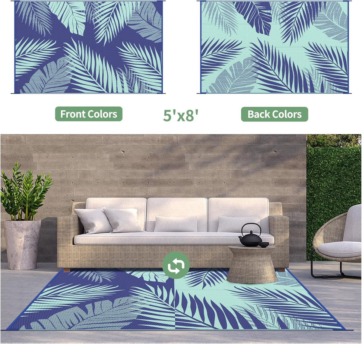 GENIMO Outdoor Rug 5' x 8' Waterproof for Patios Clearance, Reversible Outdoor Plastic Straw