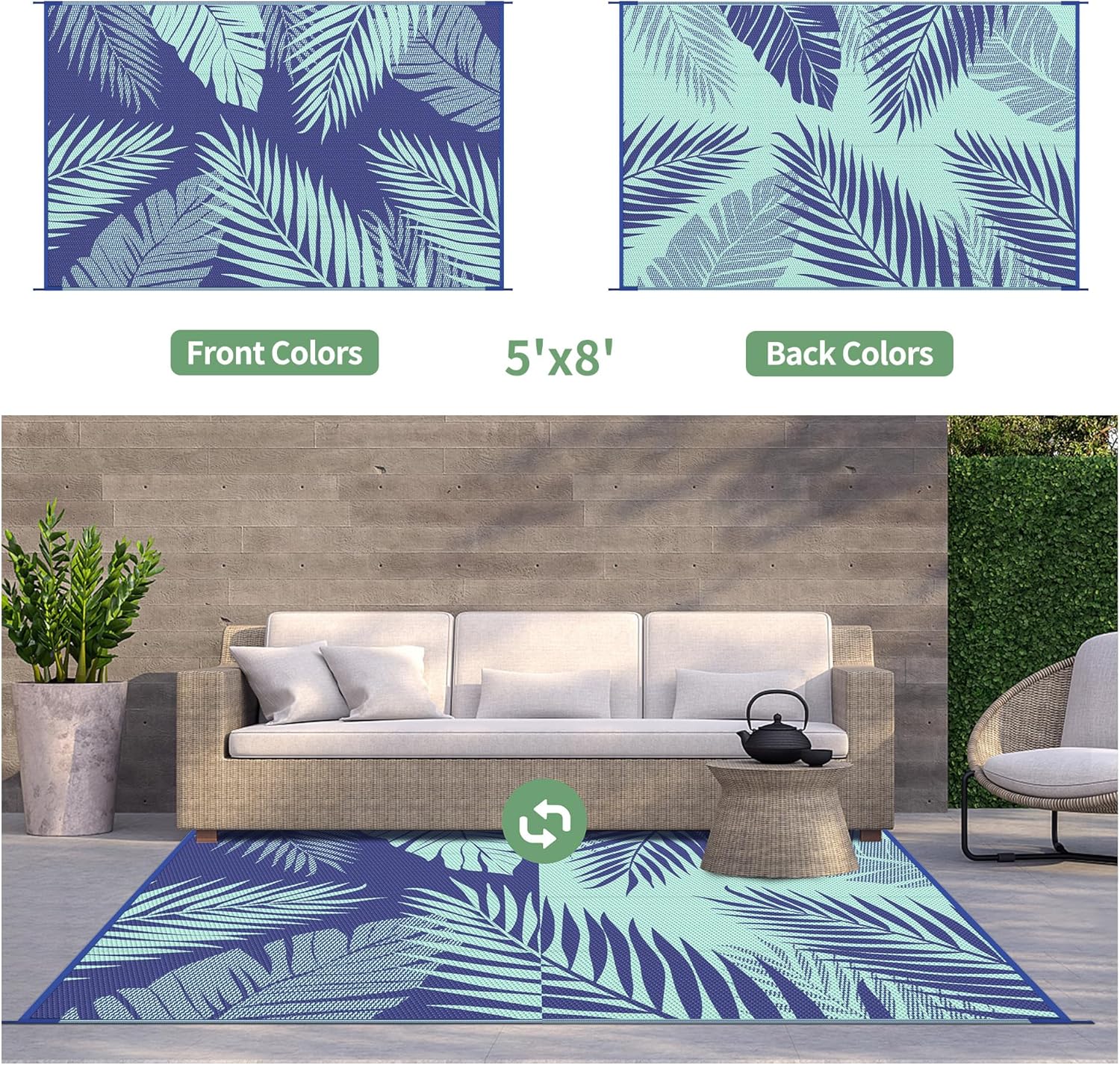 GENIMO Outdoor Rug 5' x 8' Waterproof for Patios Clearance, Reversible Outdoor Plastic Straw