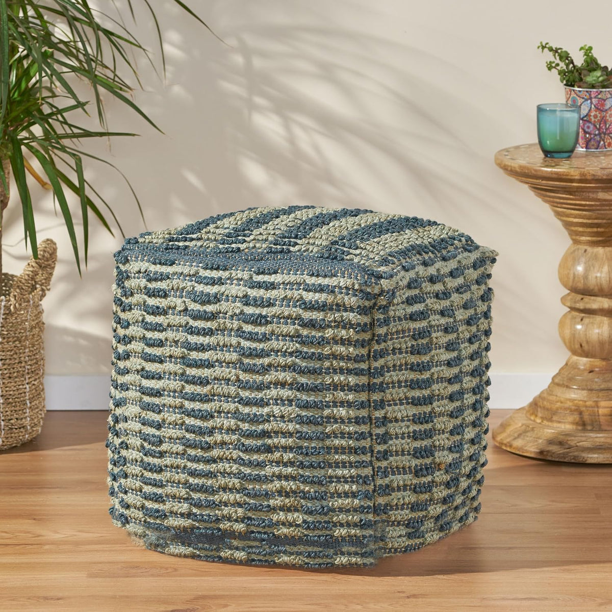 GDFStudio Boho Handmade Fabric Cube Pouf Ottoman Foot Stool - Bean Bag Floor Chair - Foot Rest