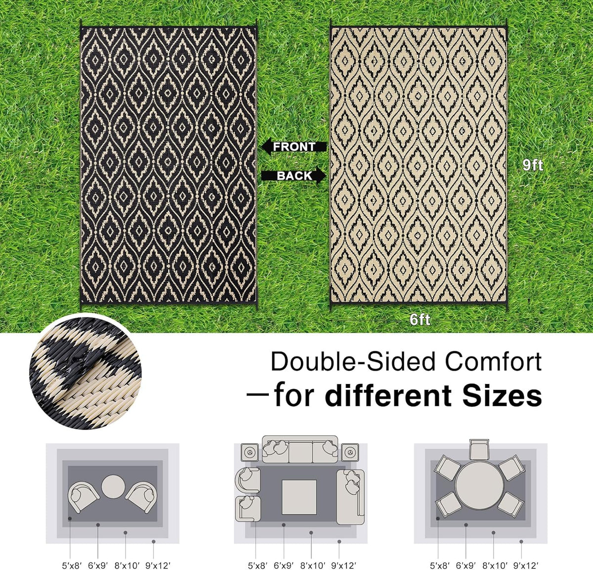 OLANLY Outdoor Rug 6x9 ft Waterproof, Outdoor Plastic Straw Rug with Geometric Pattern Clearance