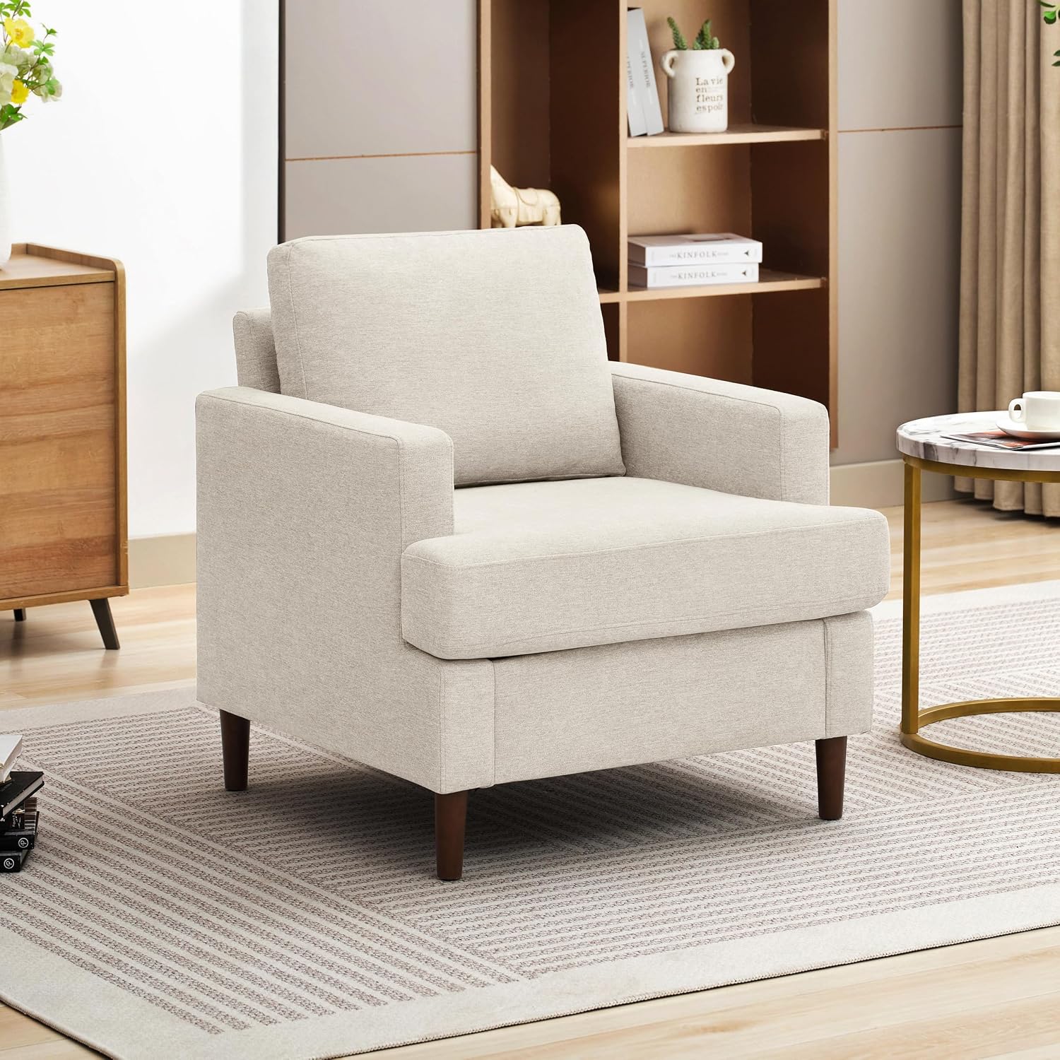 Mid-Century Accent Chair,Modern Linen Fabric Armchair for Living Room,Comfy Upholstered Reading