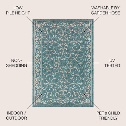 JONATHAN Y Vintage Filigree Indoor Outdoor Area Rug 4X6 Teal/Gray, Charleston Textured Weave for