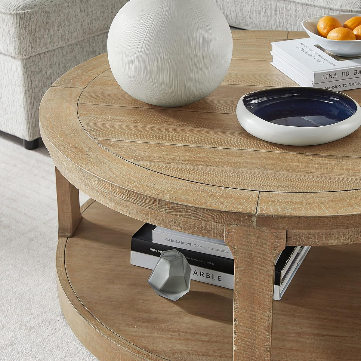 WILLIAMSPACE 40" Round Coffee Table with Wheels, Circle 2 Tier Solid Wood Center Coffee Table, Mid