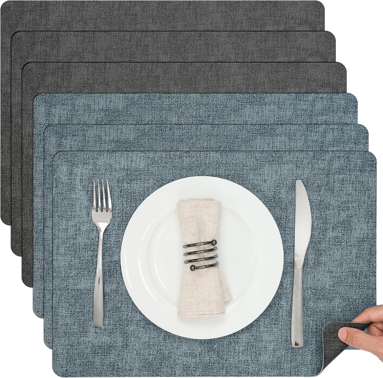 Myir JUN Dual Sided Placemats, Faux Leather Set of 6 Indoor & Outdoor Square Non-Slip Table Mats