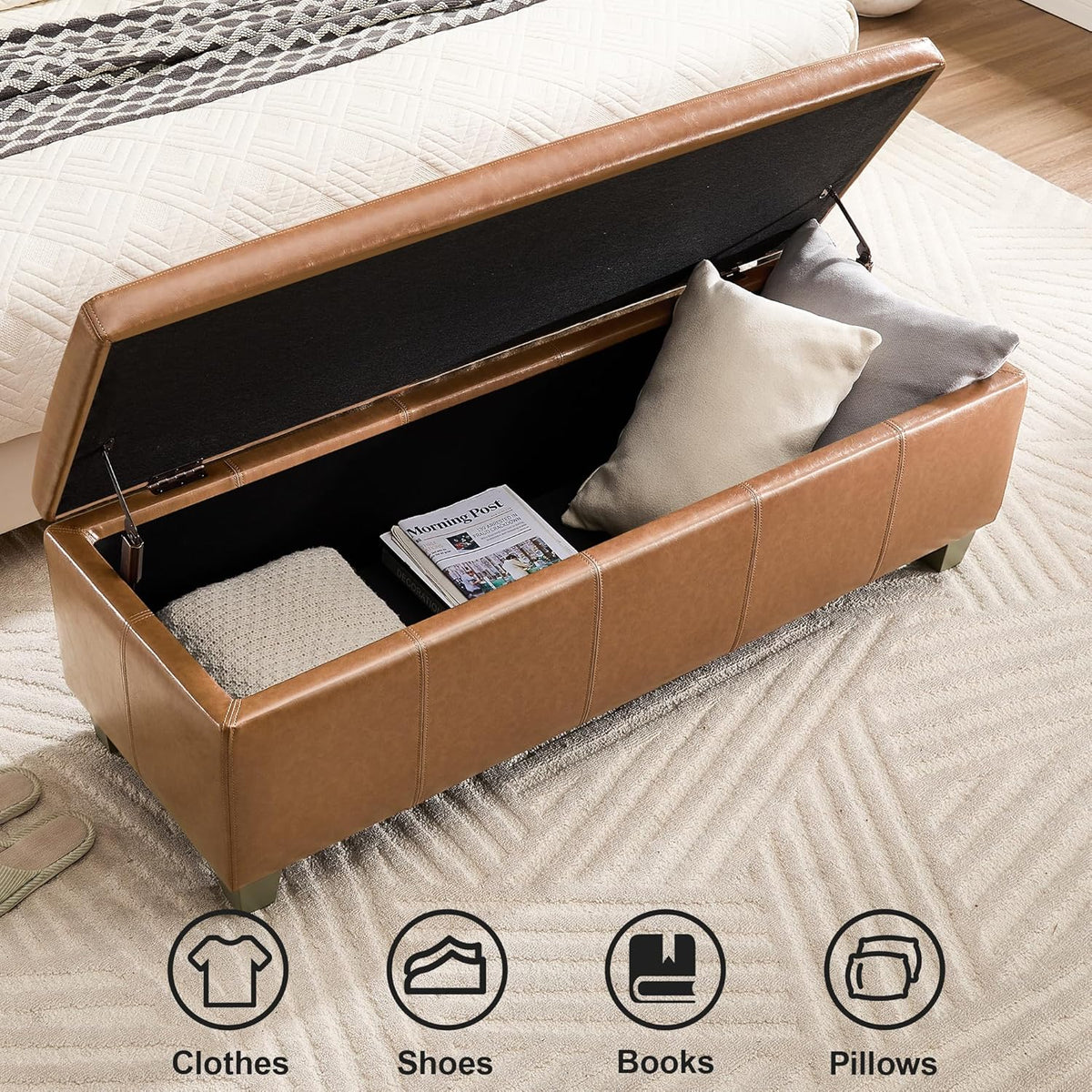 51" Faux Leather Storage Ottoman, Stitch Tufted Rectangle Upholstered End of Bed Storage Bench