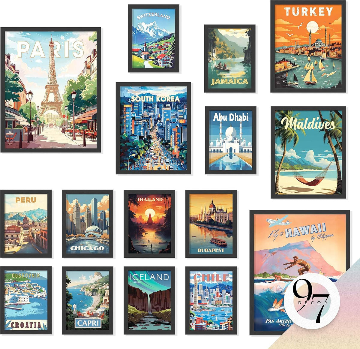 97 Decor LARGE 11x14 Vintage Travel Posters Wall Art - Retro Travel Decor For Home, Traveling Art