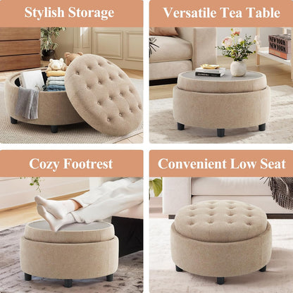 COLAMY Fabric Round Storage Ottoman with Reversible Tray Lid – Multi-Functional Footrest, Hidden