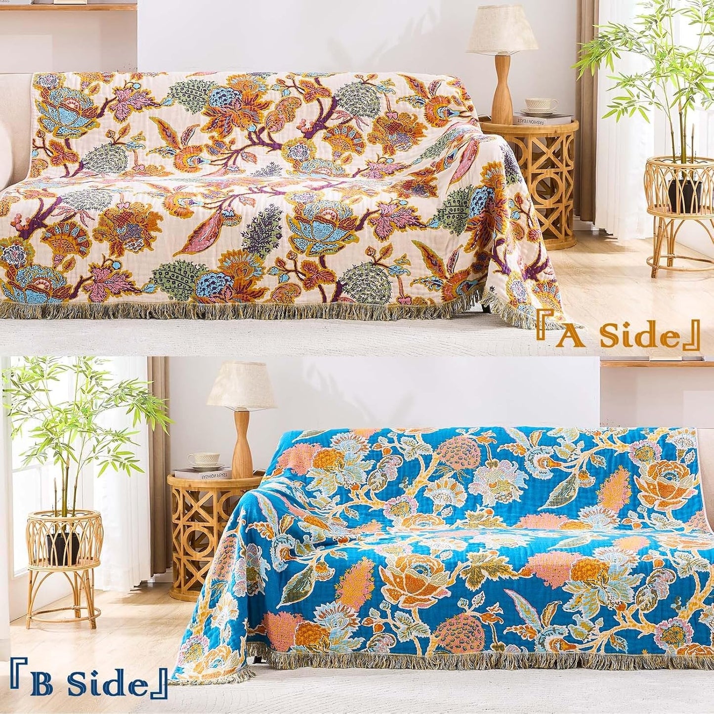 Boho Throw Blanket for Bed, 100% Cotton Soft Rustic Quilt Fall Blanket, 80"x90" Floral Printed