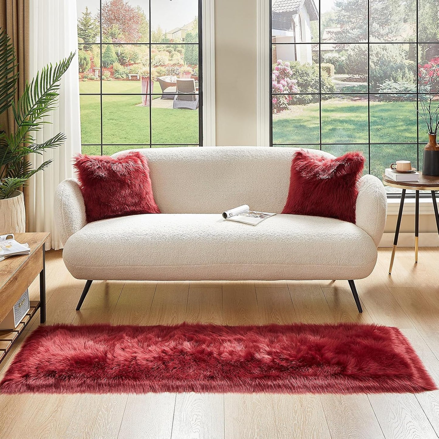 AMTOVO Faux Fur Rug, Burgundy Ultra Soft Fluffy Shag Sheepskin Rug, 2 x 6 ft Runner Area Rugs for