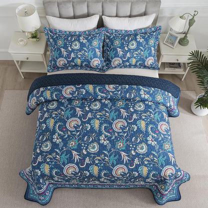 NEWLAKE Quilt Set King Size, Bedspread Sets Blue Botanical Floral Patterns, Reversible Quilt