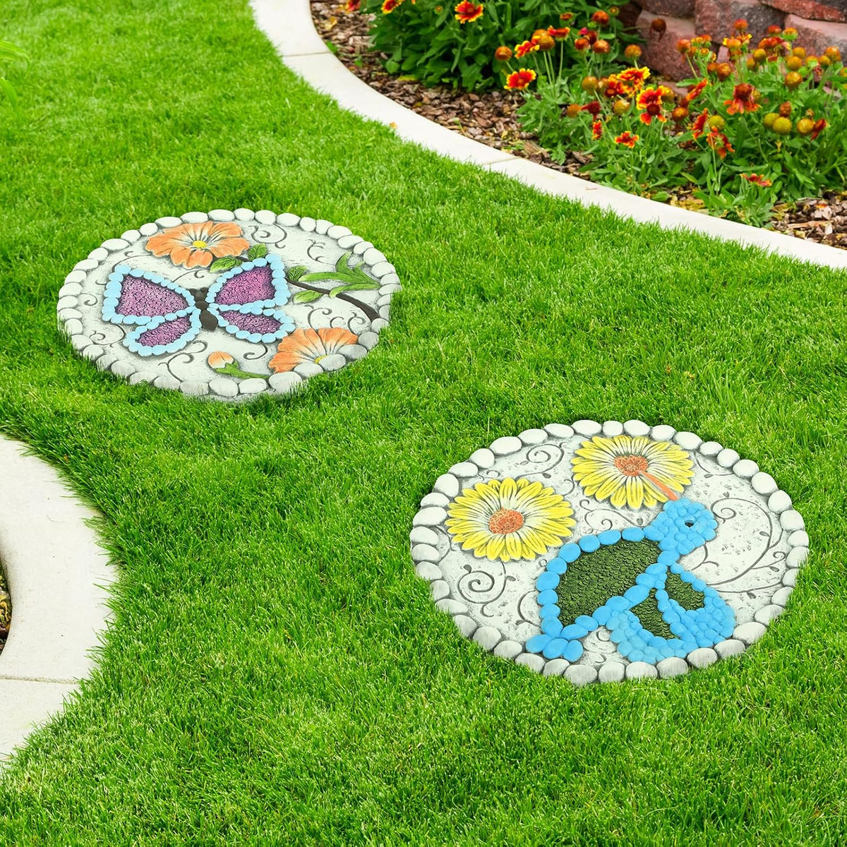 Garden Stepping Stones Set of 2 Butterfly Outdoor Garden Decor 10 inch Round Decorative Stones