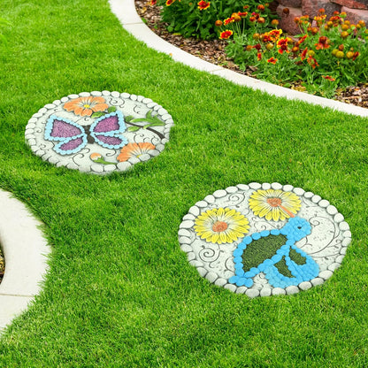 Garden Stepping Stones Set of 2 Butterfly Outdoor Garden Decor 10 inch Round Decorative Stones