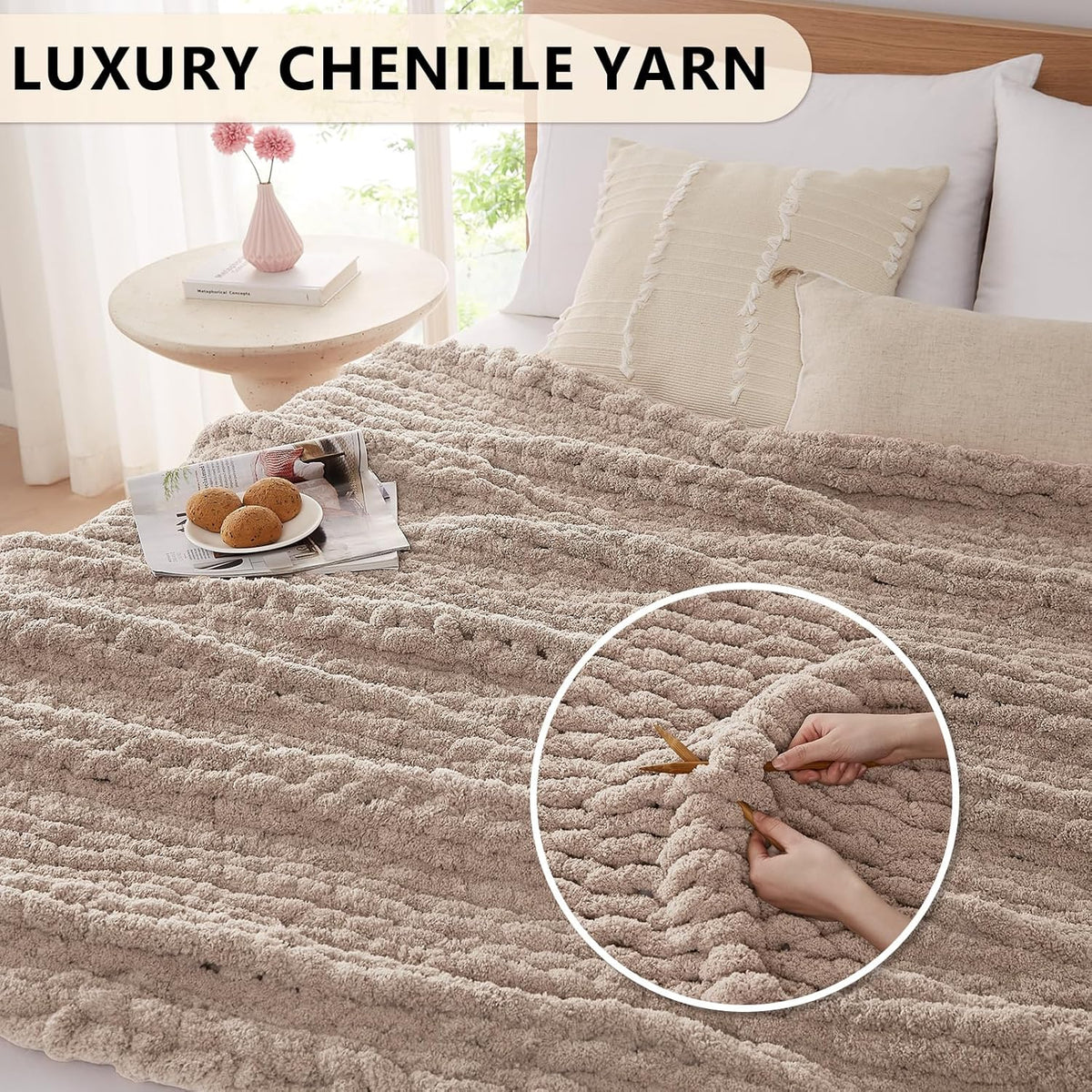 L'AGRATY Chunky Knit Blanket Throw: 72''x84'' Chenille Chunky Knitted Throw Blankets for Bed Couch