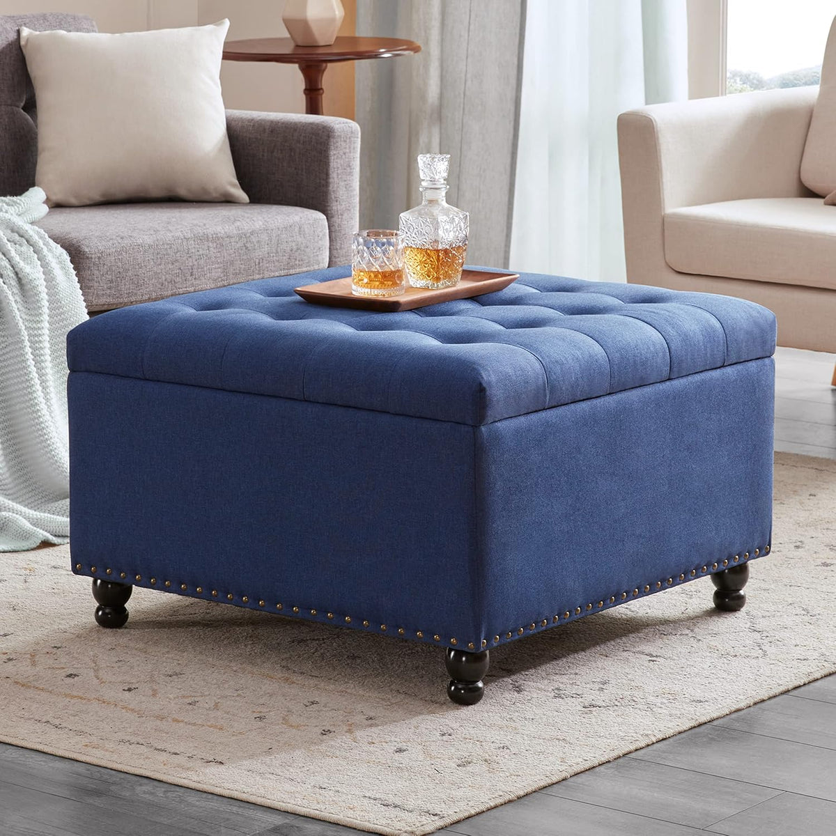 Tbfit Large Square Storage Ottoman Bench, Botton Tufted Upholstered Coffee Table Ottoman with Solid