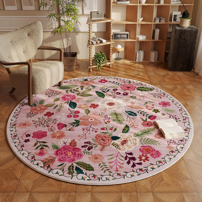 Round Rug 4ft Washable Circle Rug Non Slip Low Pile Boho Floral Small Circular Rug for Bedroom