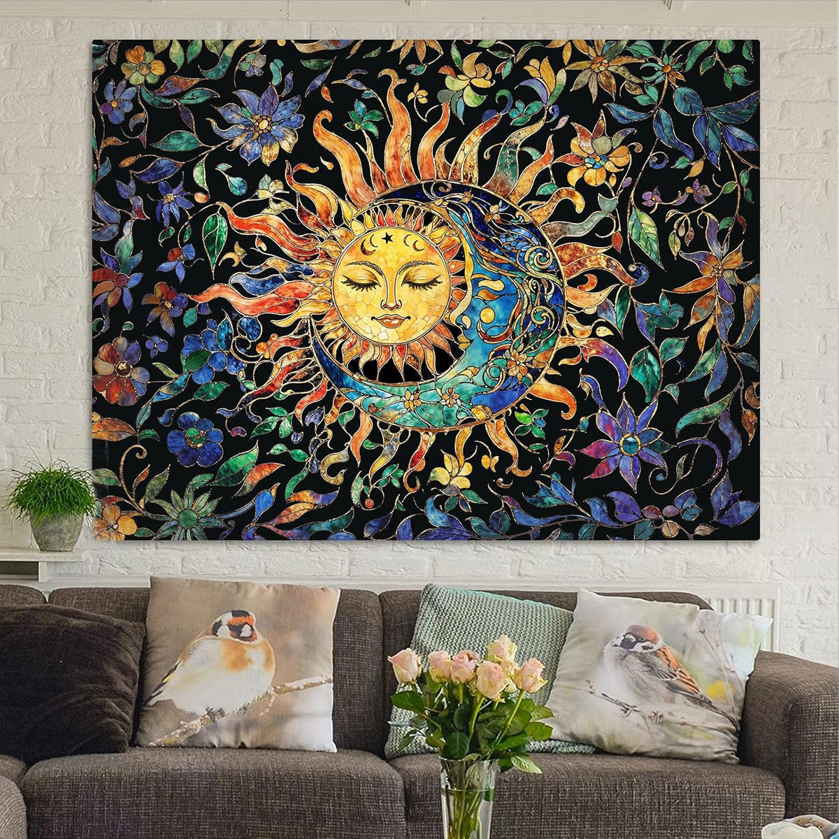 Aipon Sun and Moon Tapestry for Bedroom Boho Hippie Floral Wall Tapestry Aesthetic Vintage Stained